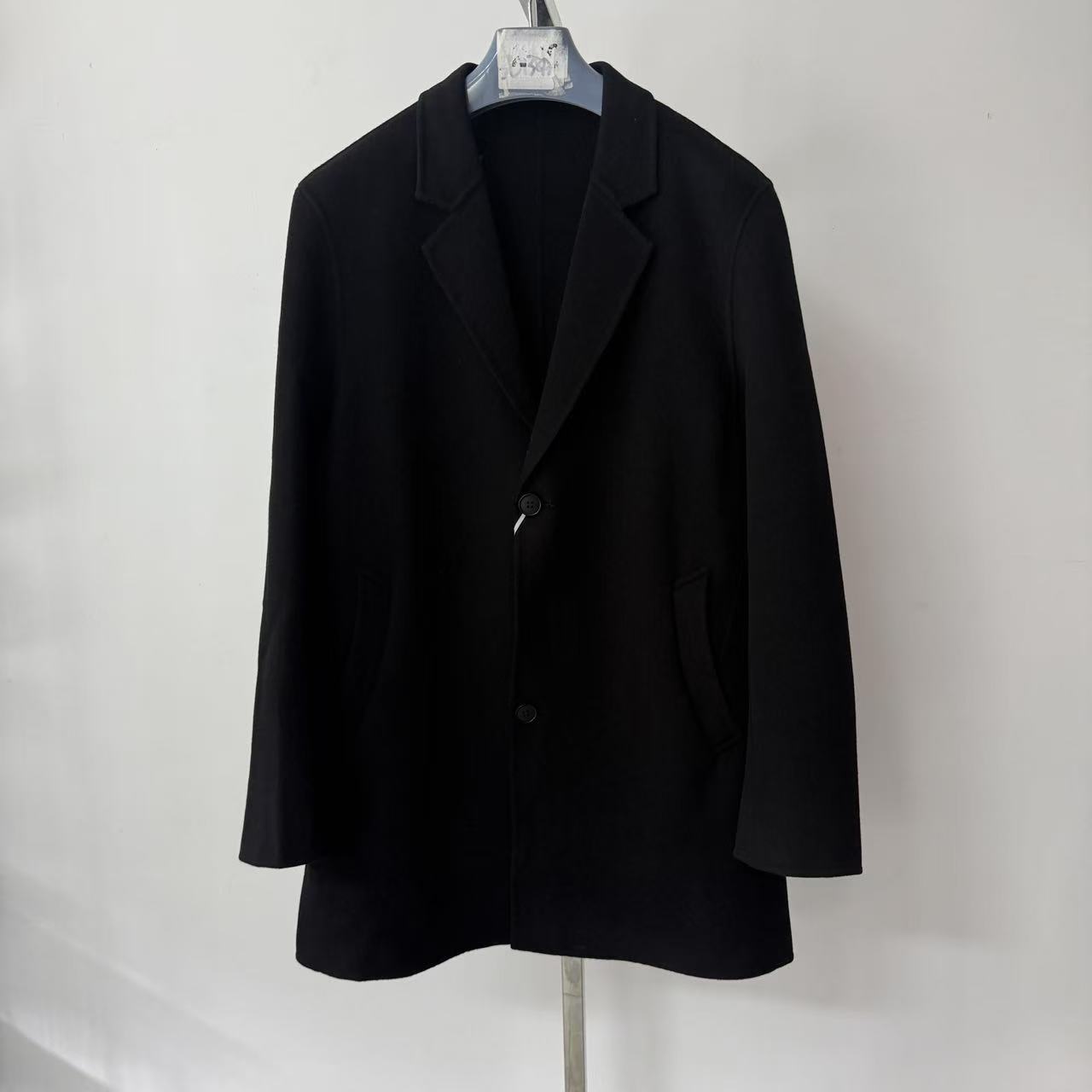 纽扣标准双排扣冬季毛边毛呢大衣中长款黑色慵懒风606