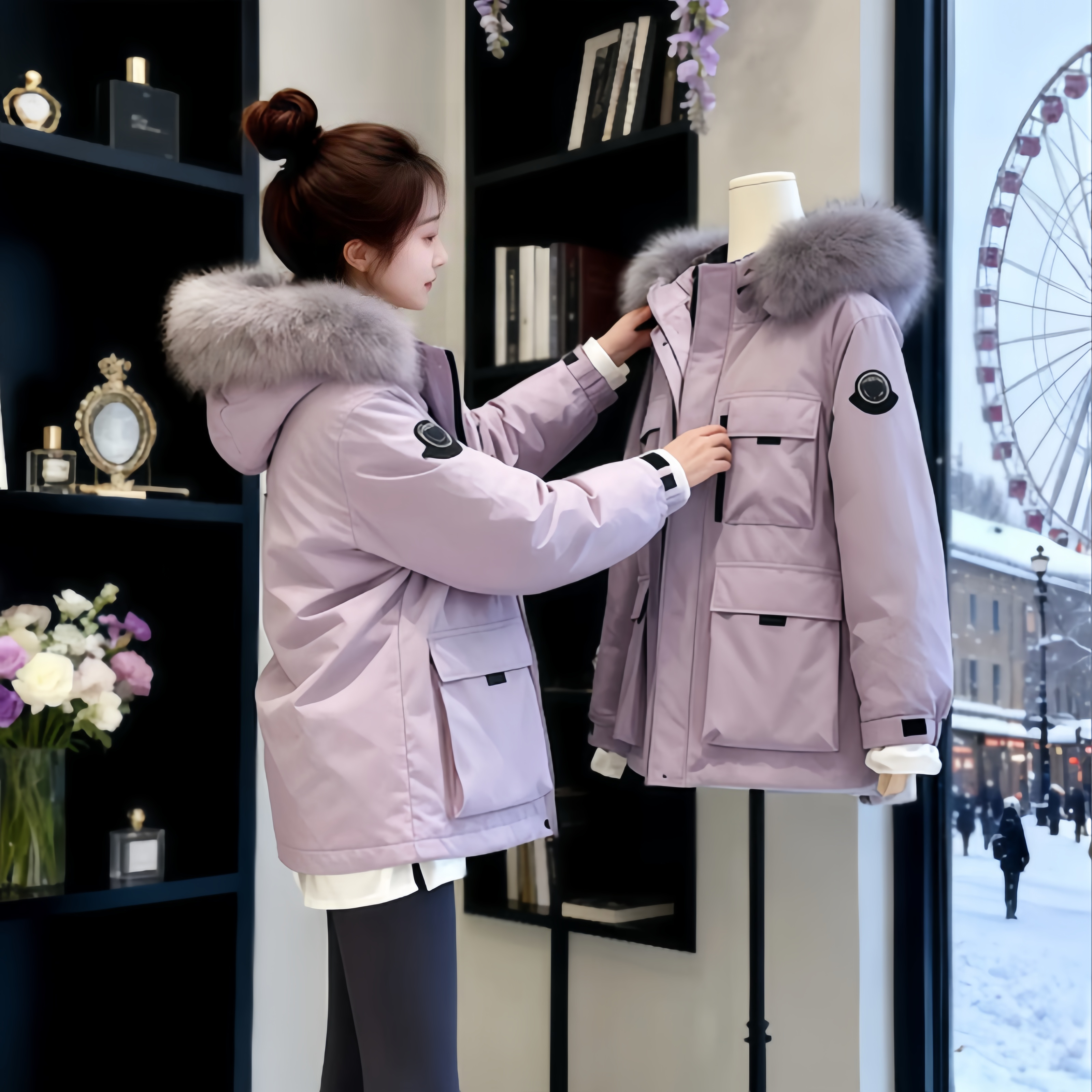 2025新款冬季连帽毛领工装棉服多口袋造型保暖潮流气质外套