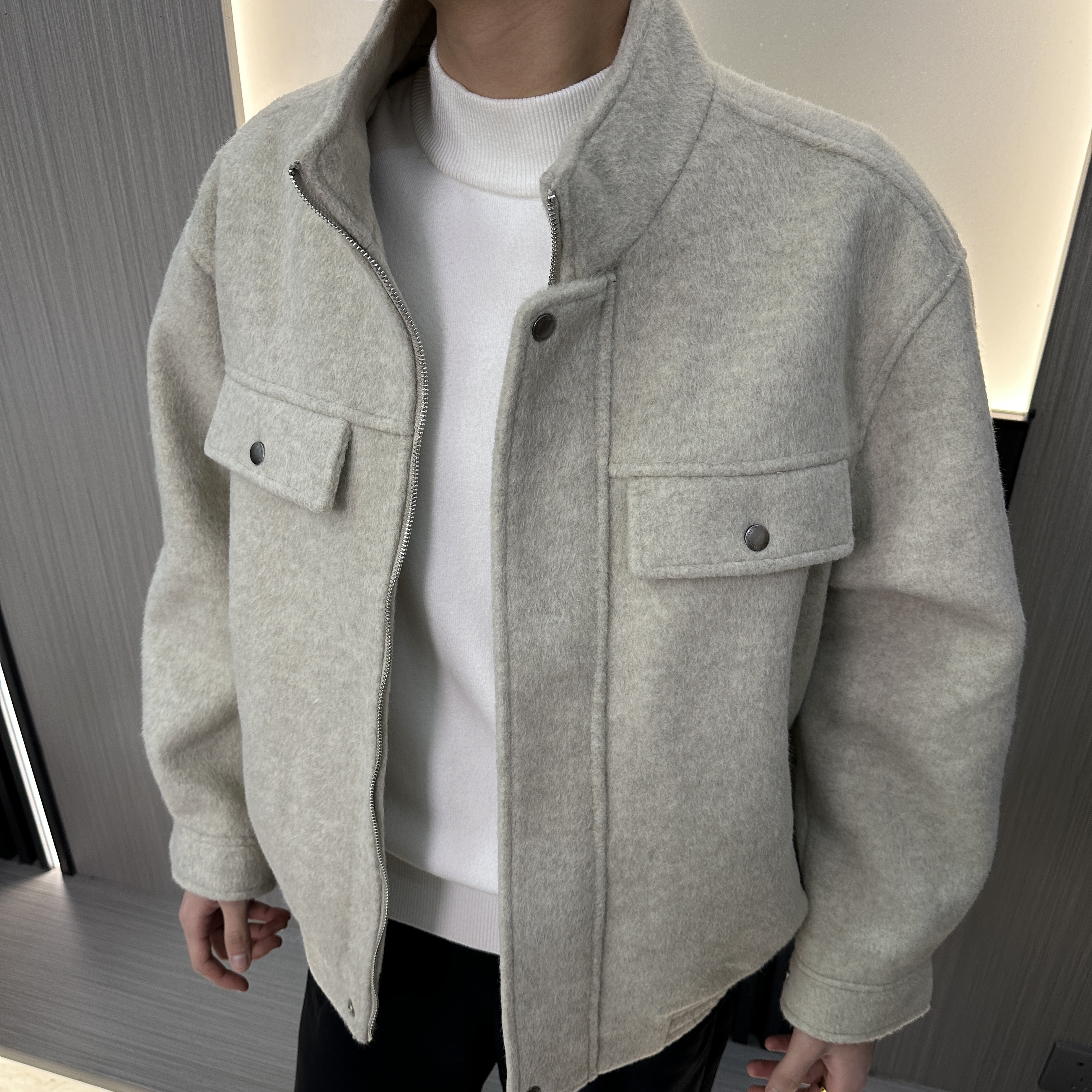 【花开男装】冬季新款高级感立领高定毛呢加厚气质时尚百搭外套#825