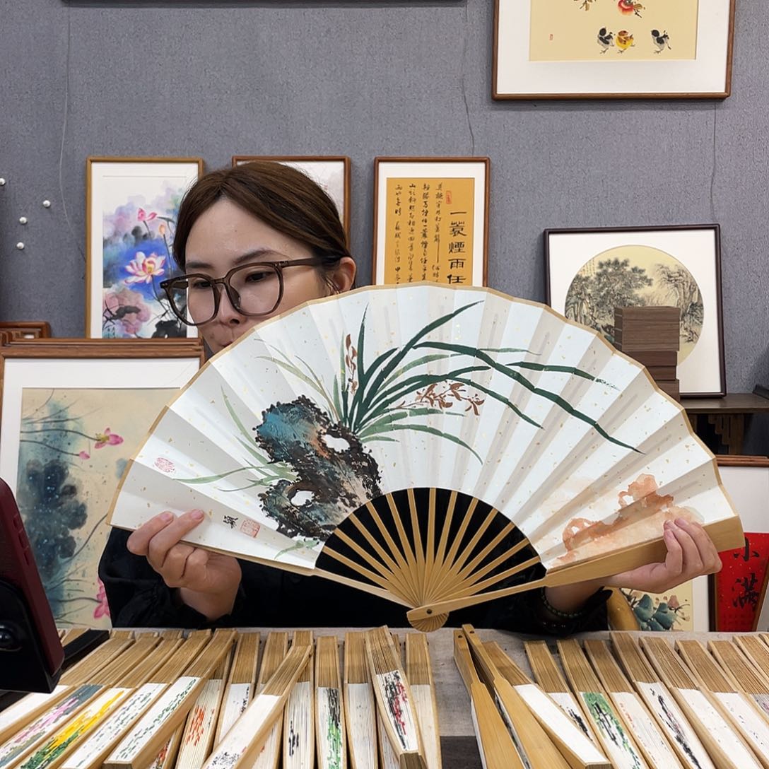 国画10寸玉竹-纯手绘-文玩扇骨（默认粘好）