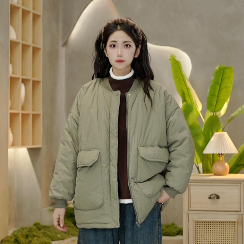 2040 冬季新款圆领加厚宽松棉衣女口袋外套女百搭上衣拉链棉服女