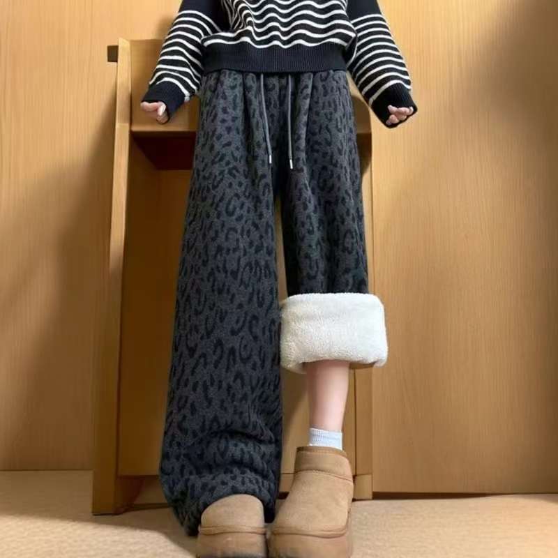 加绒加厚豹纹印花休闲裤女2025年秋冬新款高腰显瘦慵懒百搭阔腿裤
