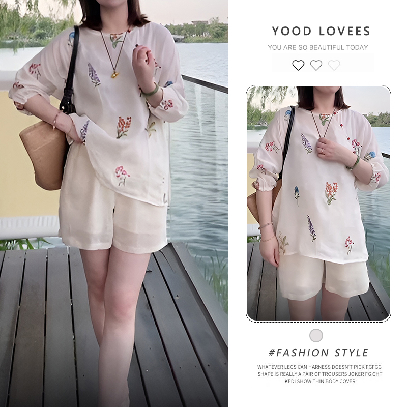 韩版慵懒风清纯植物系夏日穿搭套装新中式印花衬衫短裤女2025新款