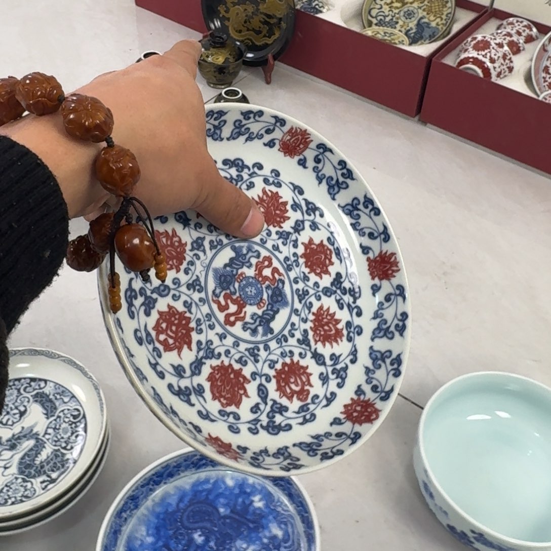 摆件釉里红缠枝莲大壶承17.5