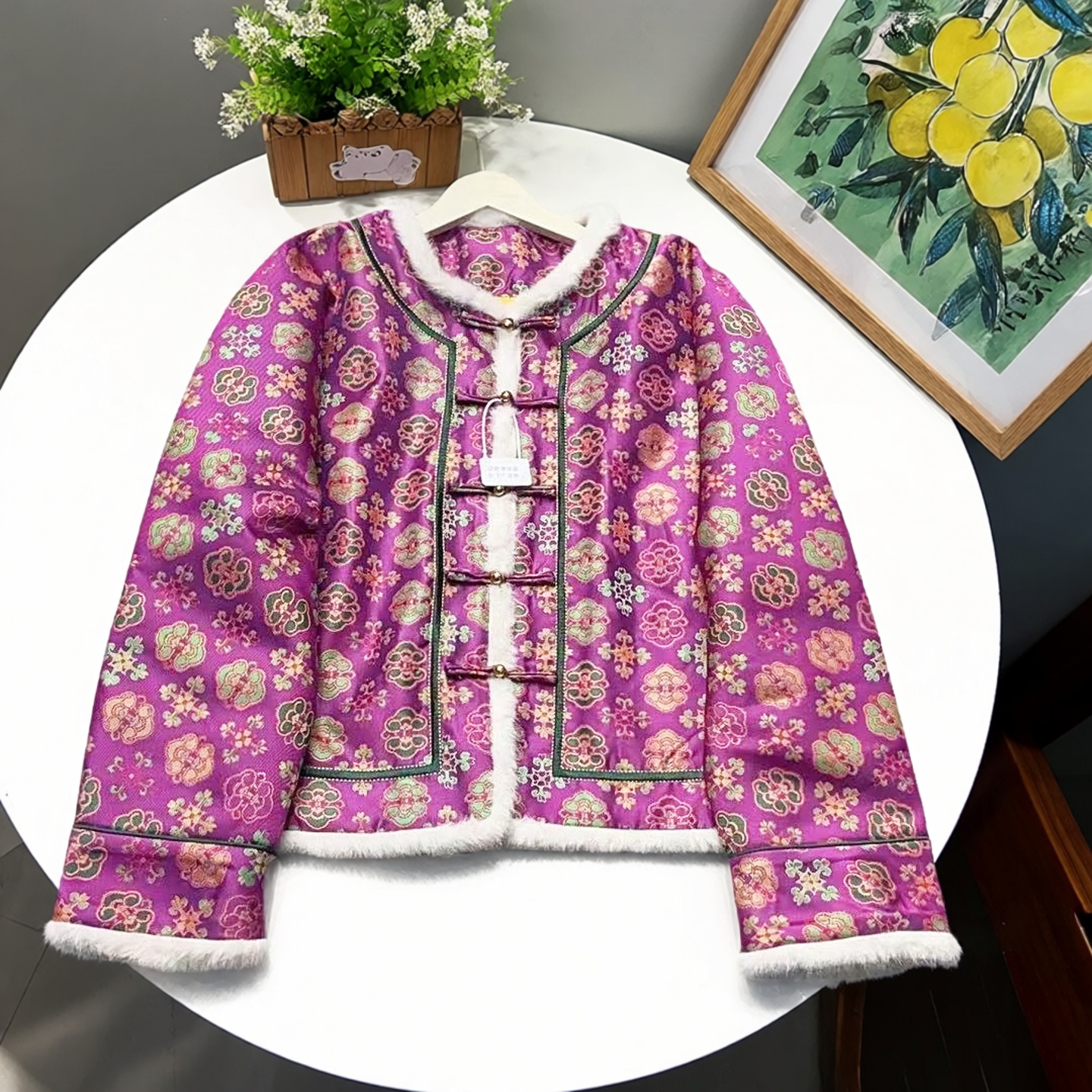 非遗织花宝箱花新中式风紫色提花短外套盘扣毛边拼接棉服外套632