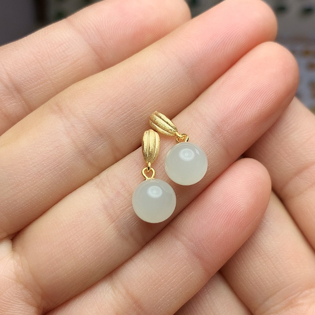 银S925镀金镶嵌和田玉（白玉）耳饰隋*夕