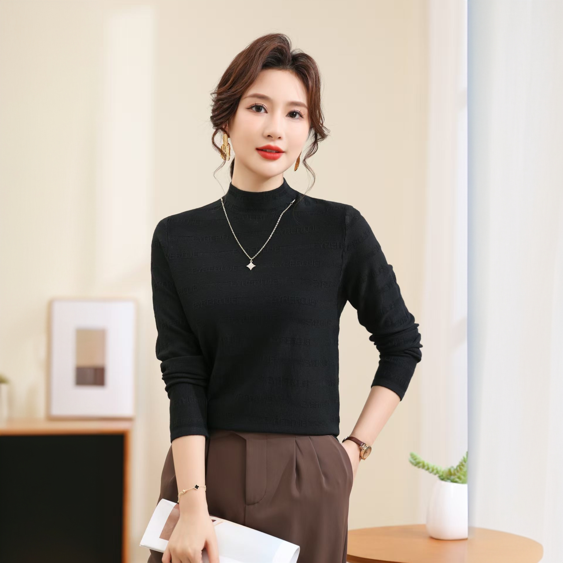 超细薄款由自在新款内搭蕾丝半高领提花针织衫秋冬弹力打底衫