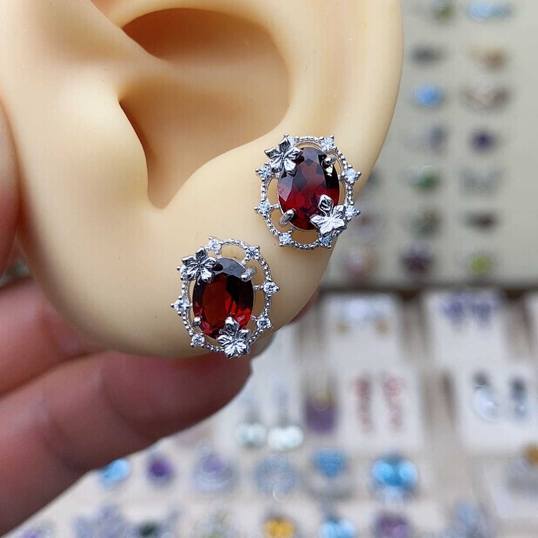 石榴石耳钉银S925镶嵌需要证书备注