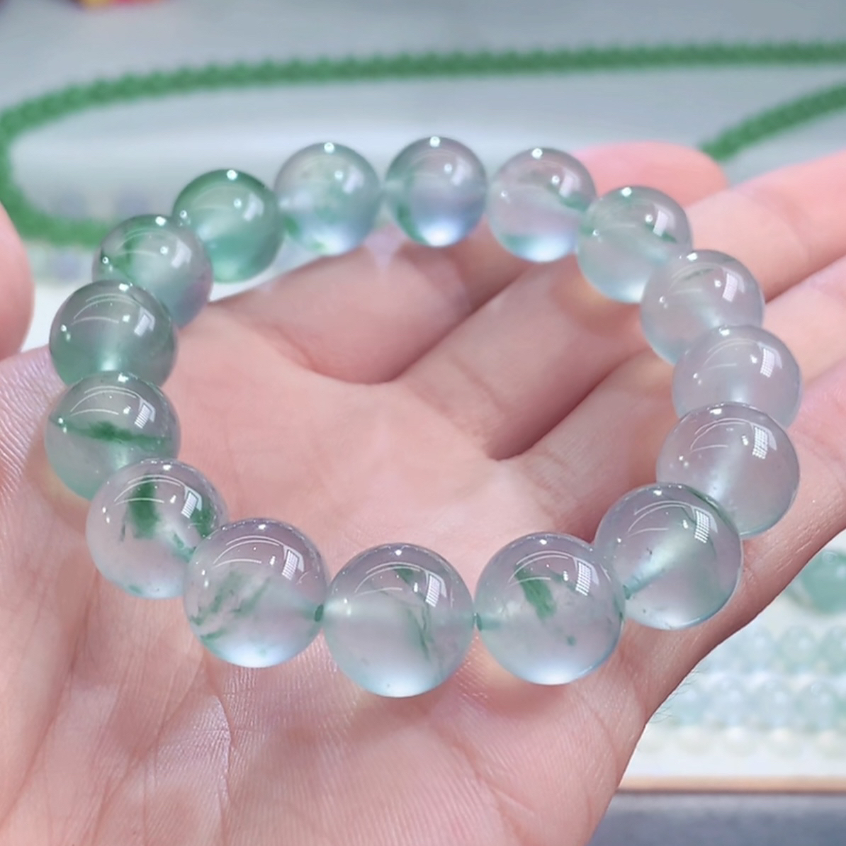 毕业臻品传承收藏级别龙石种炸光飘花手串卡13mm缅甸天然A货翡翠