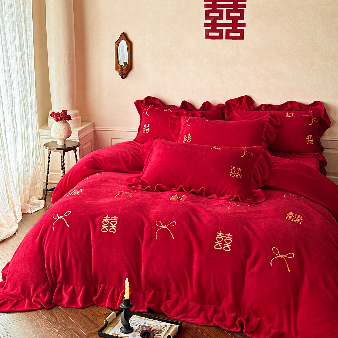 秋冬结婚婚庆床上用品四件套新婚主卧红色喜被一整套喜被七件套
