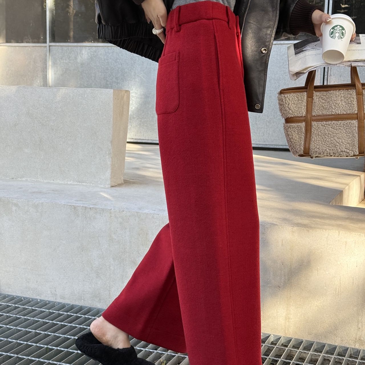 秋冬新款加厚绵羊毛九分裤靴裤阔腿裤显瘦保暖高腰百搭直筒女裤