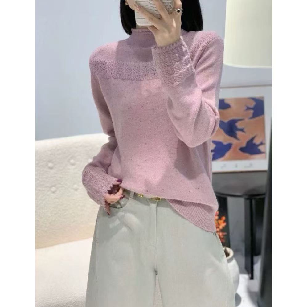 丽姐家~重工水钻针织长袖时尚百搭圆领秋冬气质镂空上衣