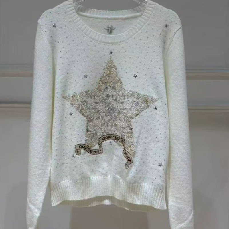GREAM深圳南油欧货D家 白色星星刺绣烫钻针织衫软糯毛衣