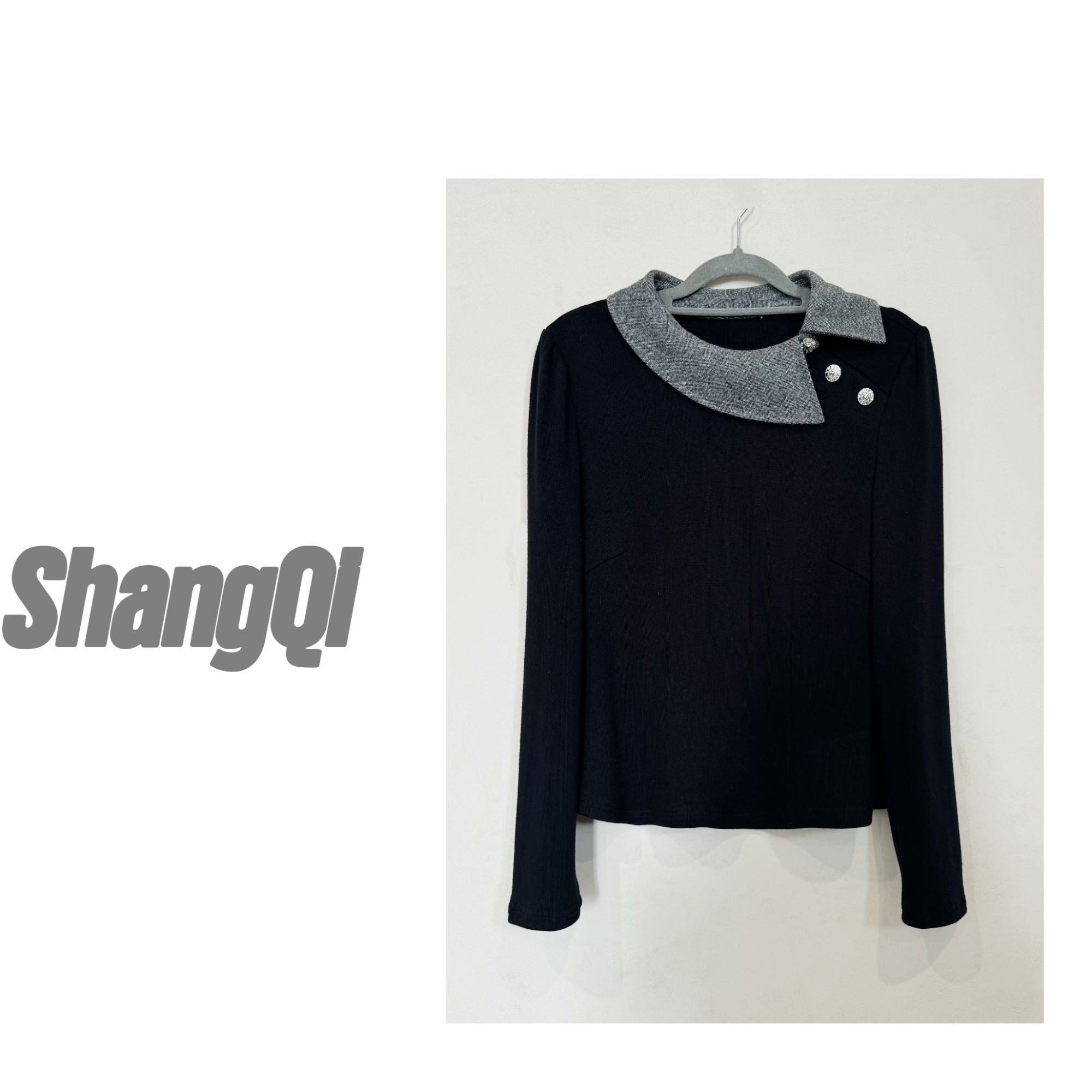 【伦敦小调】显瘦气质长袖设计感拼接百搭上衣--K1270