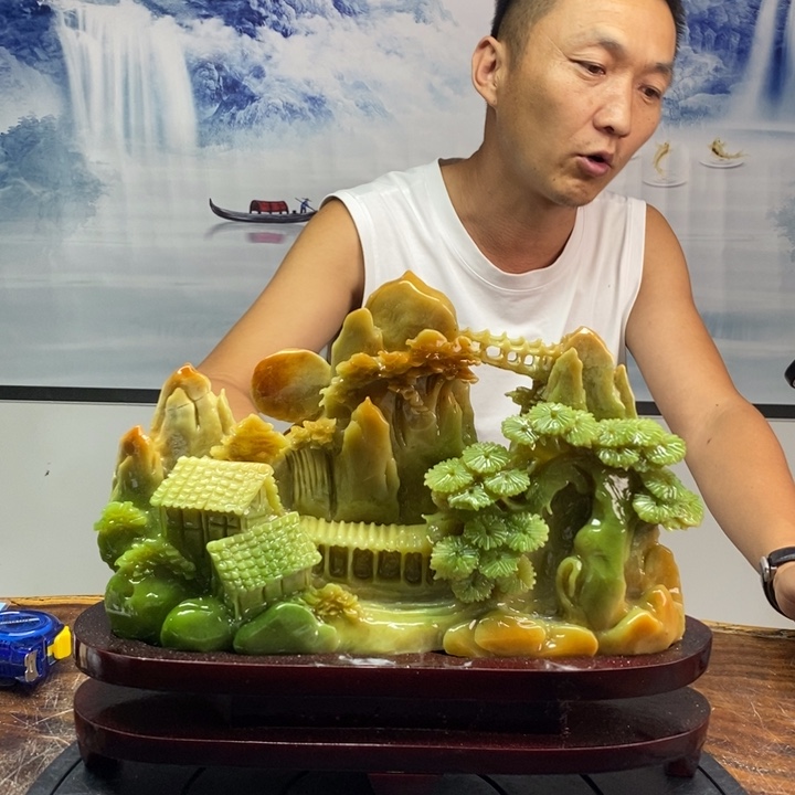 倾***】石材岫岩玉山水画作品