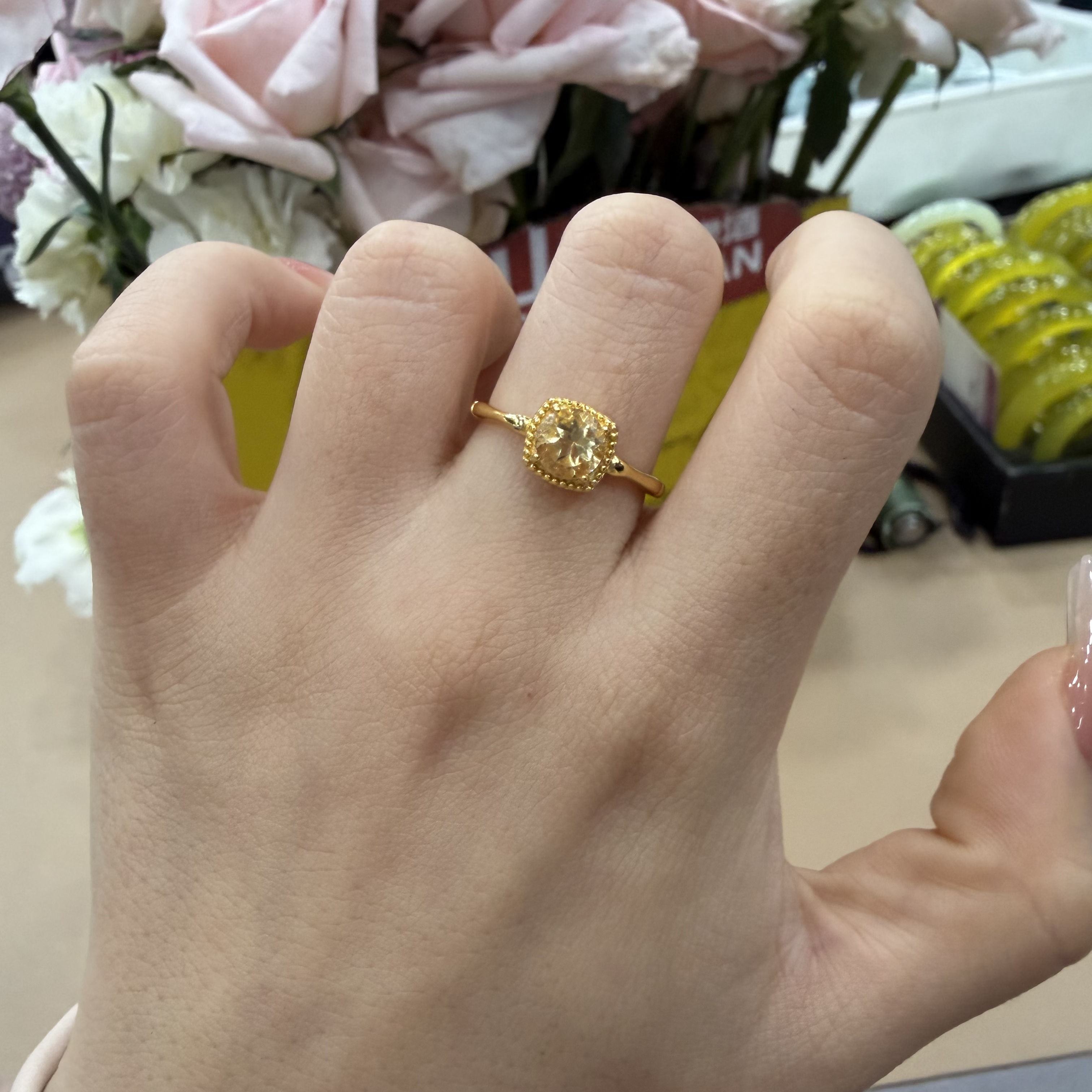 黄水晶钻切方糖925银镀金戒指 时尚百搭精品圣诞礼物