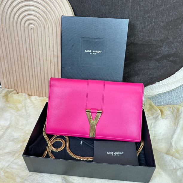 99新 YSL/圣罗兰 莓果粉 Y 扣 woc 链条斜挎包