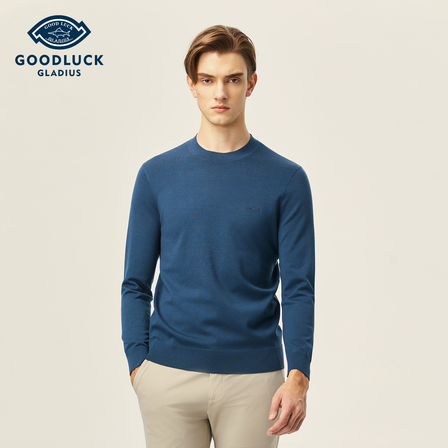 【羊毛混纺】德鲨鲨鱼圆领毛衣男青年秋冬新款纯色针织衫-NR23207