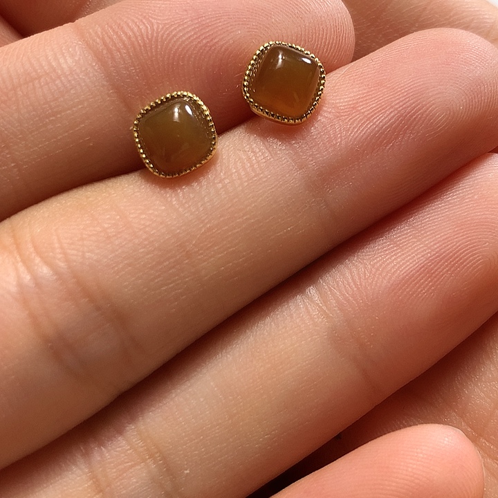 银S925镀金镶嵌和田玉（糖玉）耳饰