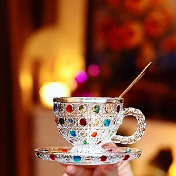 宝石纹彩绘复古牛奶杯带勺法式奶杯浮雕茶杯咖啡杯碟勺组合