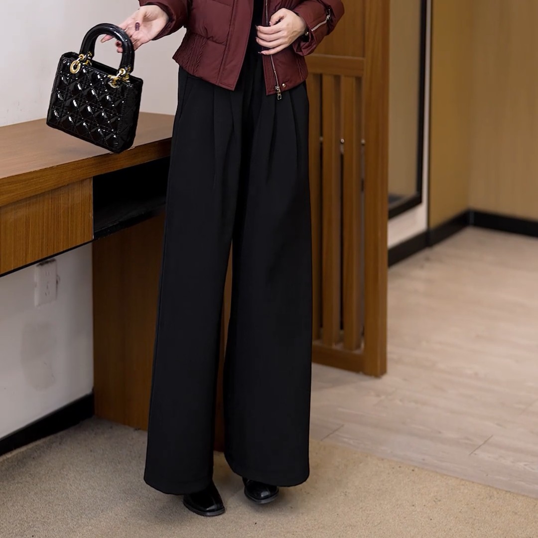 加绒加厚阔腿裤子2025冬季新款百搭显瘦黑色休闲裤松紧腰宽松女裤