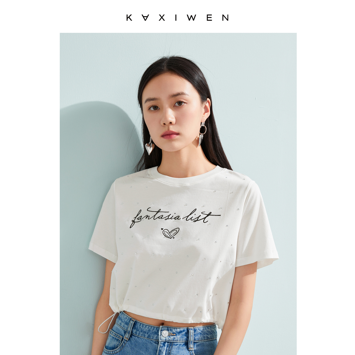 【九月专属】时尚休闲宽松T恤气质烫钻抽绳短上衣X04ATS2660