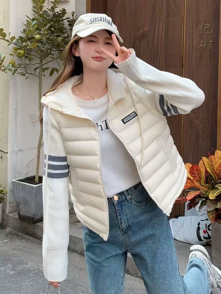 瑕疵78052毛线袖轻薄羽绒服白色（S衣60左右）