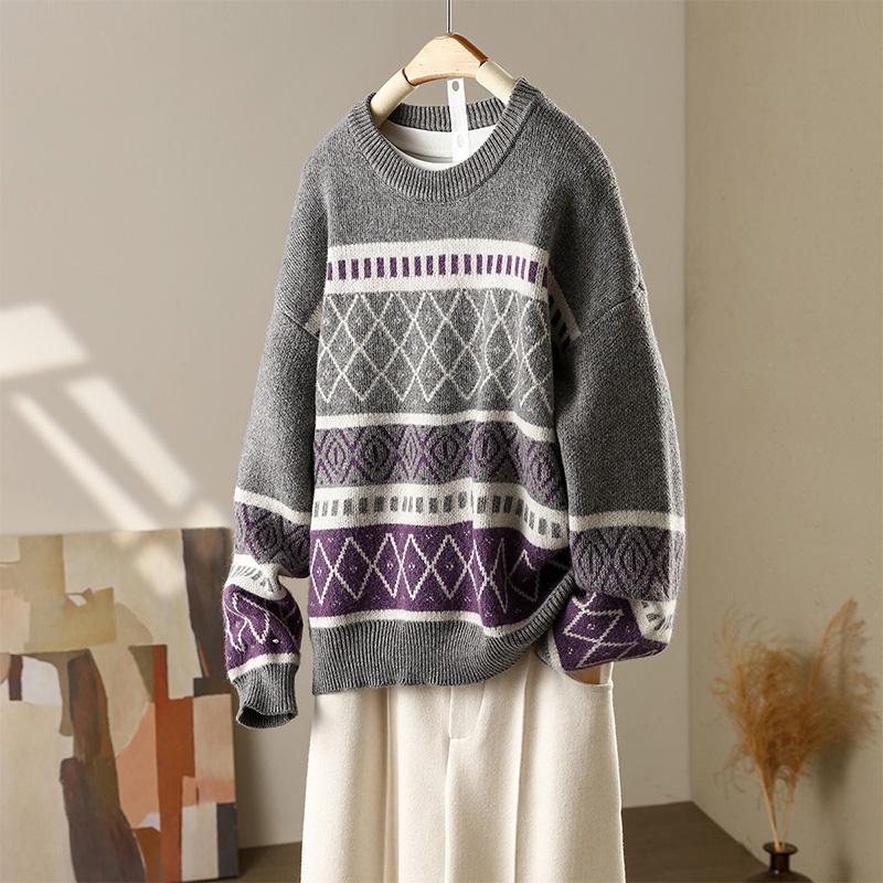 0728*时尚拼色宽松圆领套头针织衫外穿洋气长袖针织上衣