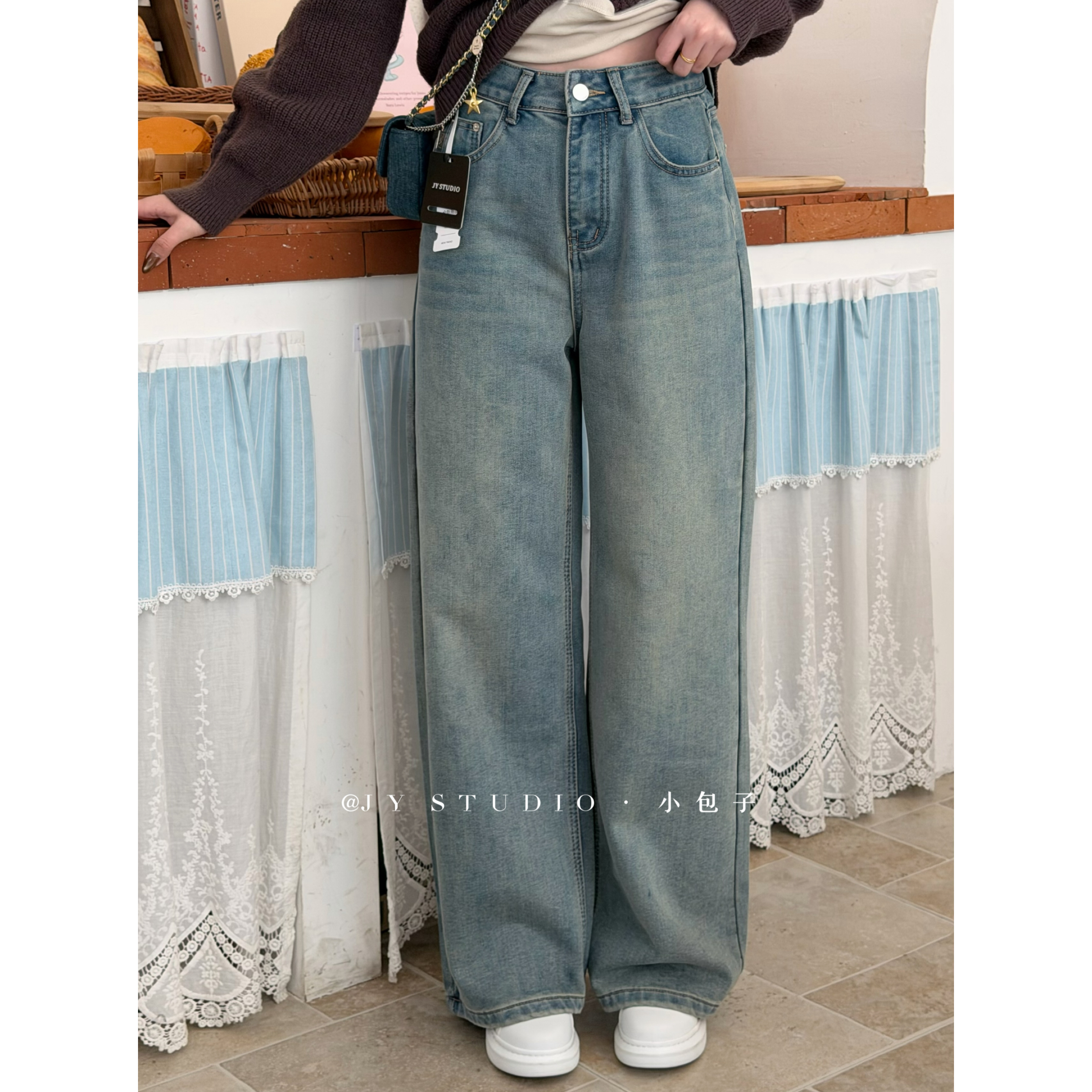 小包子【加绒水洗浅蓝色牛仔阔腿裤】