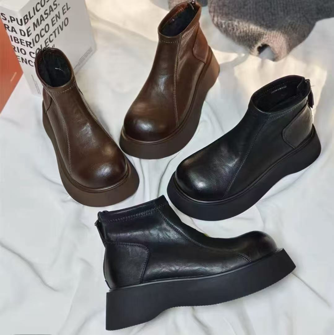 厚底短靴女2025新款秋冬季增高切尔西靴加绒马丁靴棉鞋铁头B