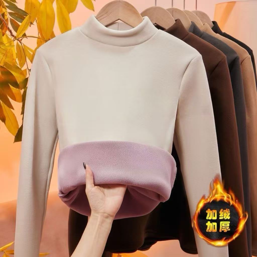 现货24小时【加绒加厚半高领】保暖上衣打底衫女奥粒绒长袖修身显瘦