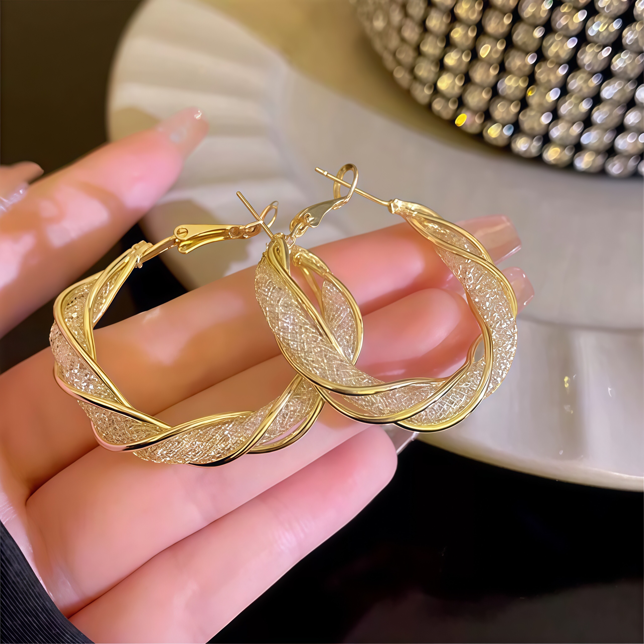 铜合金耳饰 925银针麻花梦网大耳圈时尚百搭 直径约3.5厘米