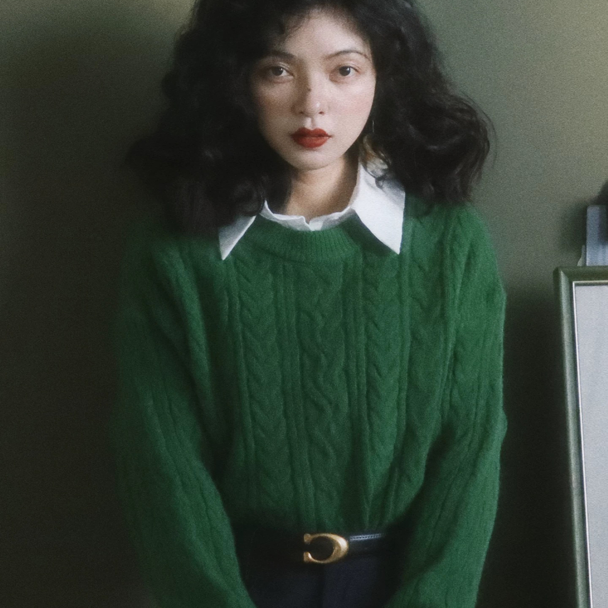 港风复古绿色麻花针织衫女秋冬季氛围感穿搭套头毛衣6796