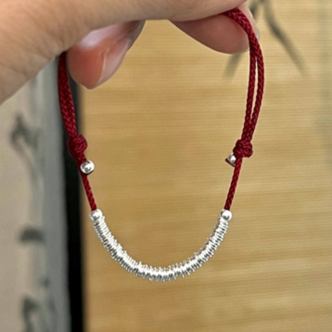 足银手链 手工原创-简简单单福气满满小银圈红绳手链抽拉可调节商品图