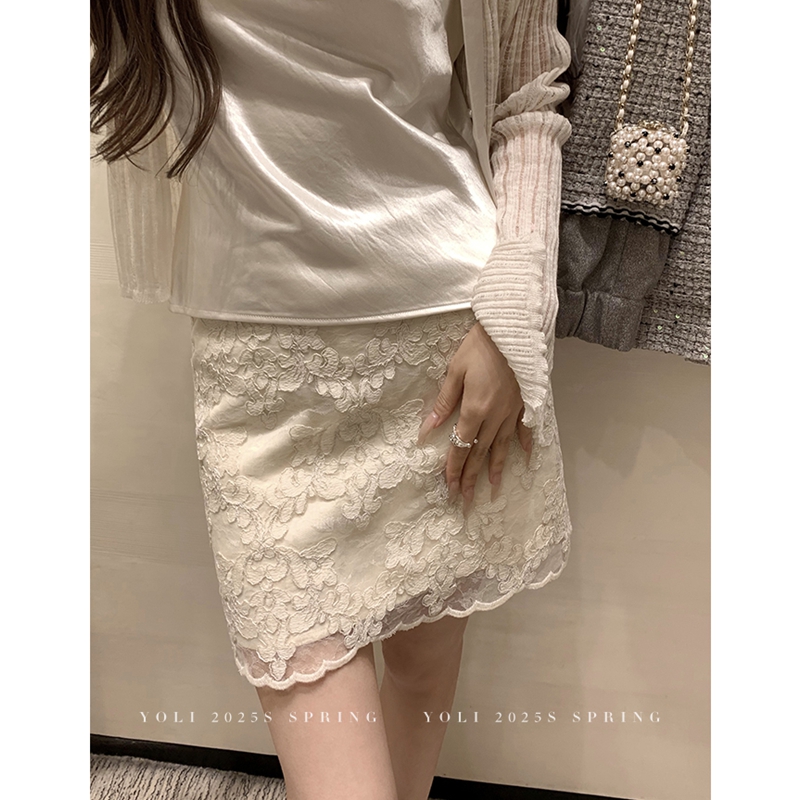 “Haute时髦”杏色蕾丝半身裙设计感小众气质短裙女夏