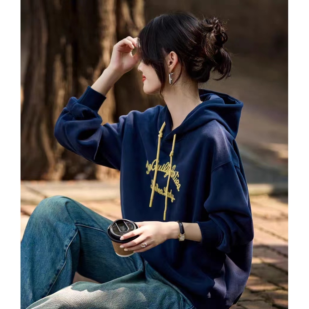 5TH5075 2025新款刺绣英文字母连帽抽绳加绒加厚卫衣