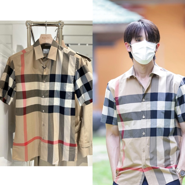 未使用 BURBERRY/博柏利 男款驼色格纹短袖衬衫 半袖衬衣5400