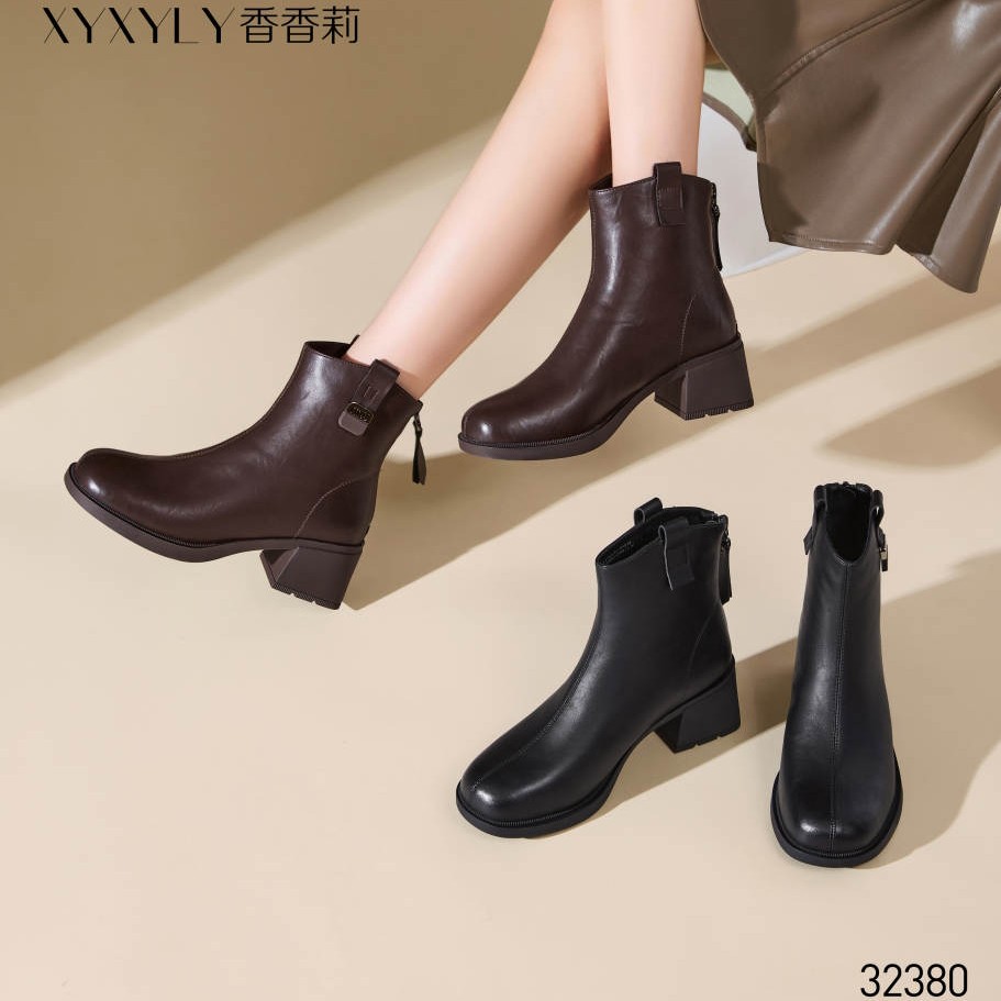 香香莉女鞋2025冬新款32380粗跟短靴女加绒保暖马丁靴百搭瘦瘦靴