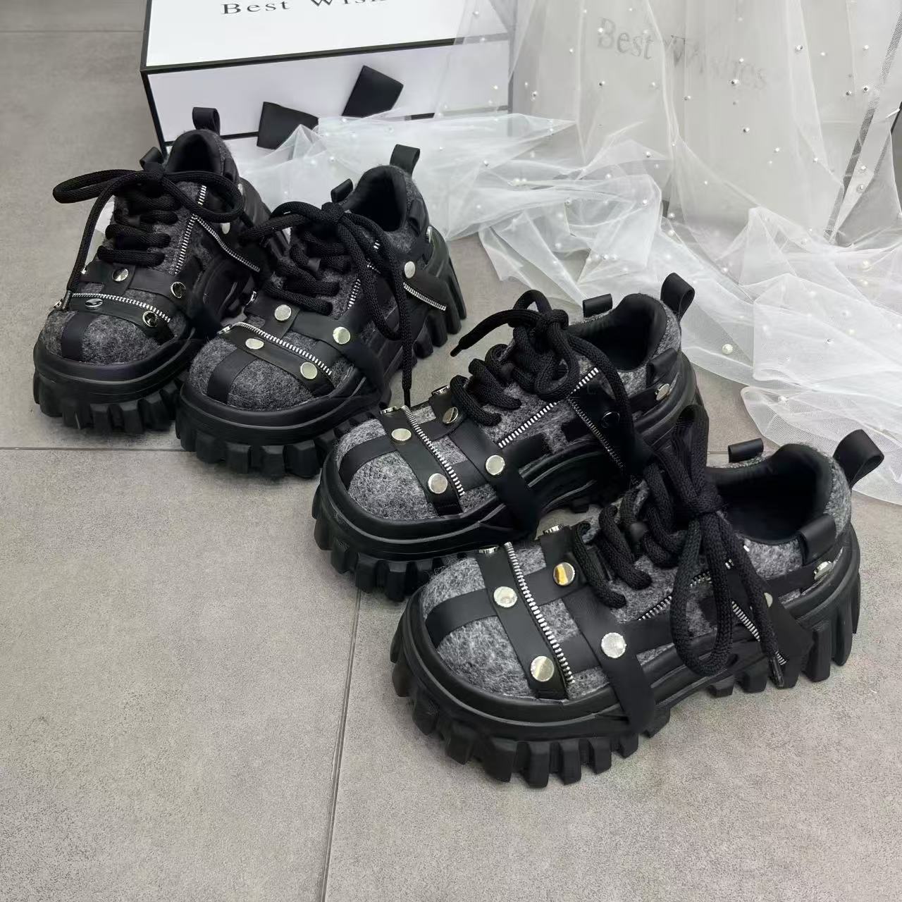 MSDD秋季夏季黑色粗跟厚底女士乐福鞋系带复古漆皮休闲鞋百搭镂空