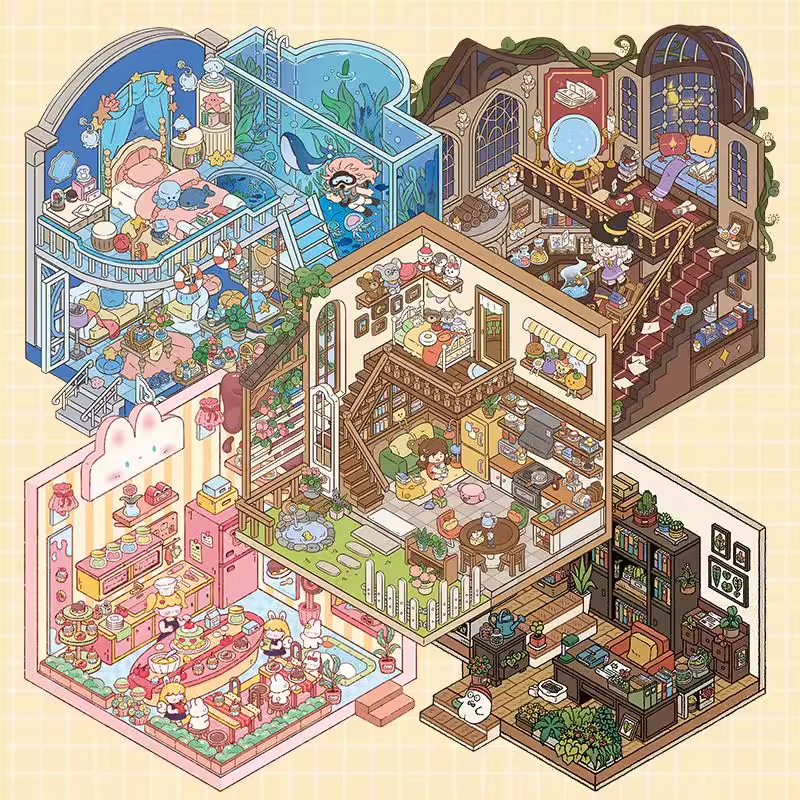 羽在野原创立体造景贴纸DIY手工解压手账拼贴微缩小屋场景收纳