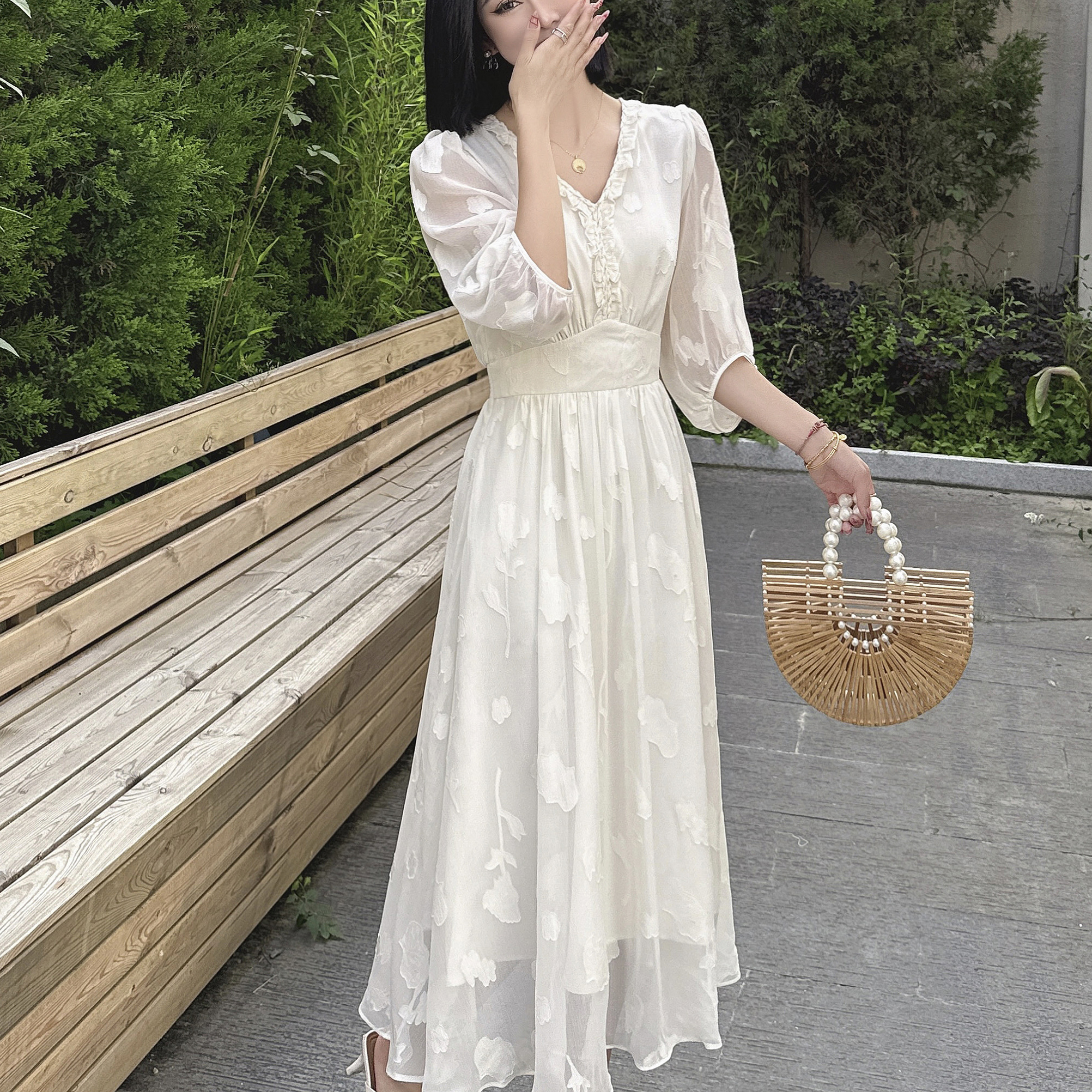 无印心匠K1776   V领长裙刺绣连衣裙仙女裙提花夏季收腰  B866-1