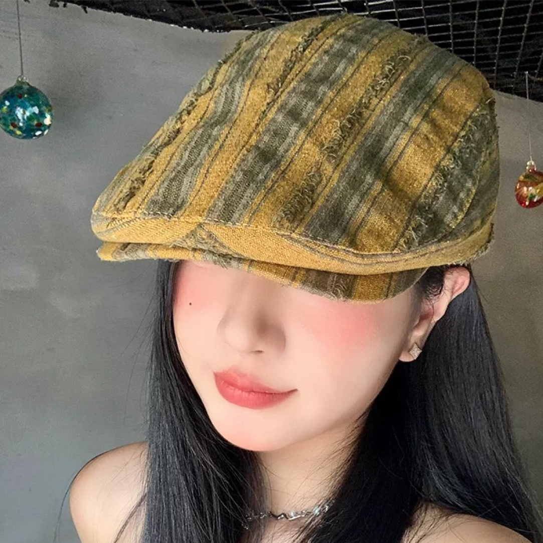 复古黄绿色条纹破洞前进帽女夏季薄款透气反戴鸭舌帽显脸小贝雷帽