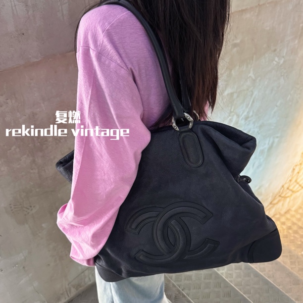 95新 Chanel/香奈儿 复燃精选/黑色双c大logo托特包