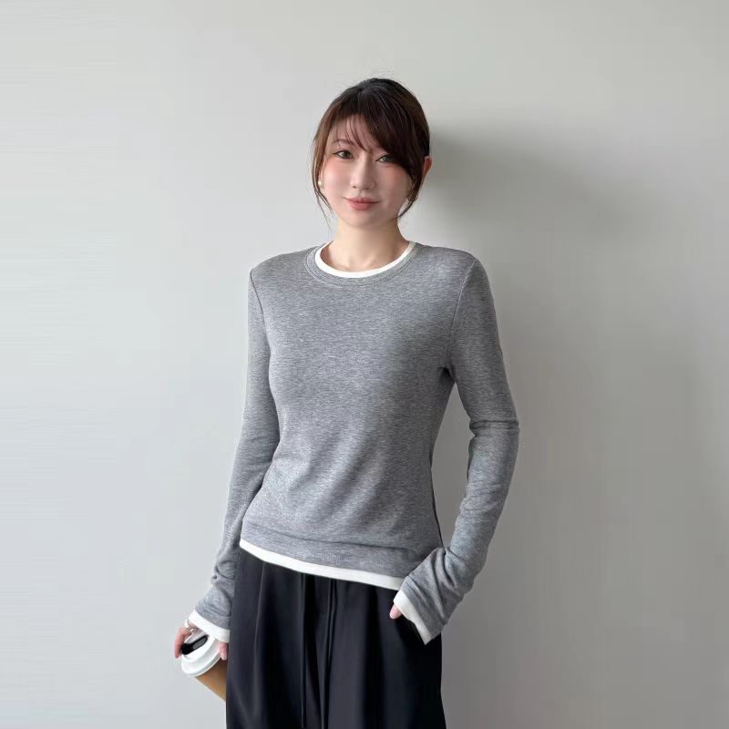 莱赛尔天丝假两件拼色打底衫女秋冬内搭长袖T恤瑜伽上衣CX926