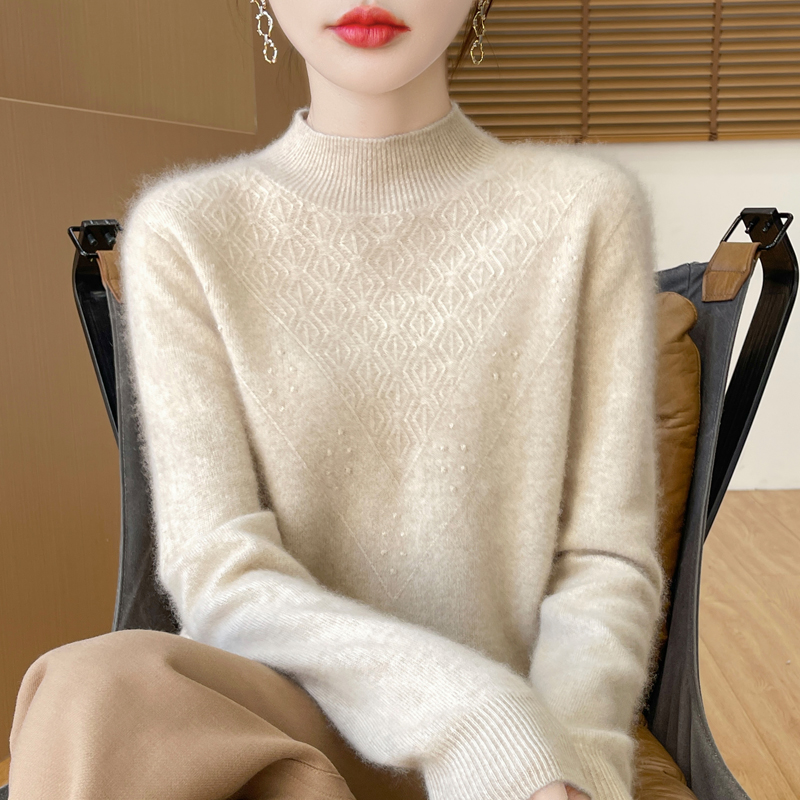 一线成衣半高领羊绒衫女100纯羊绒提花宽松毛衣短款针织打底衫女