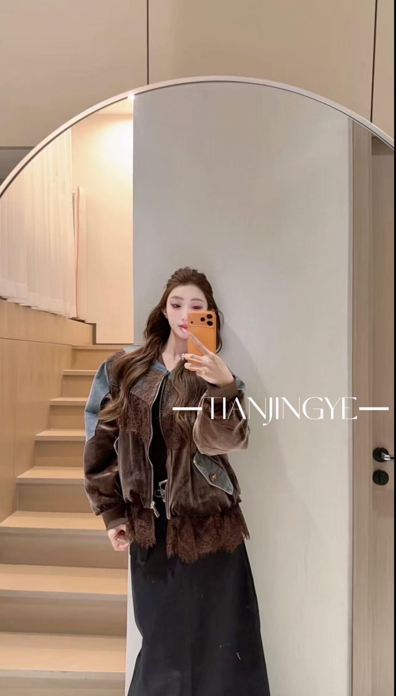 JINGYE25~冬季新款丝绒牛仔拼接设计感加厚外套