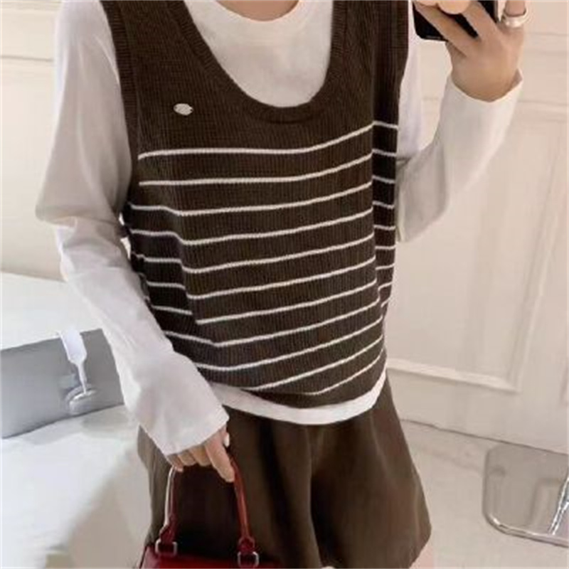 CHUYU专属秋季新款韩系设计感T恤+条纹针织马甲背心两件套1583