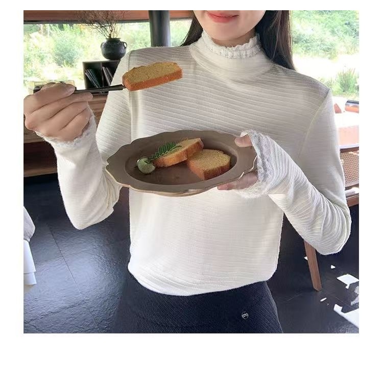 【半高领蕾丝立体羊绒T】百搭休闲蕾丝百搭半高领立体条纹T786