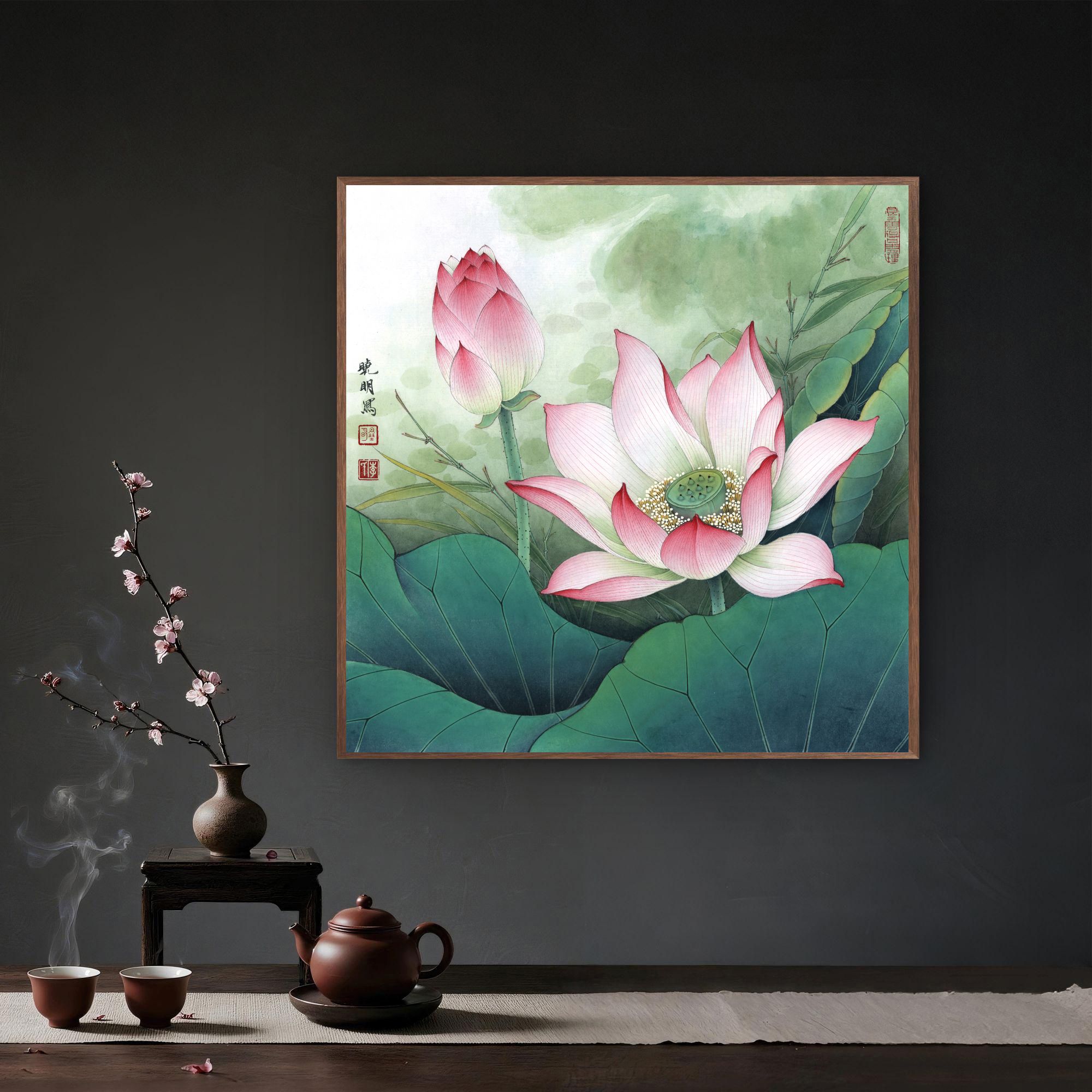 228-50*50中式方形荷花鲤鱼装饰画 适用于客厅餐厅卫生间玄关