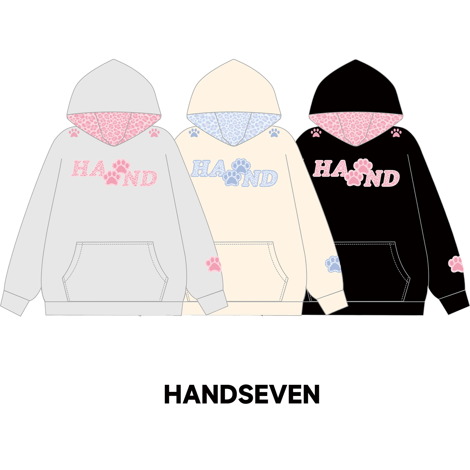 HandSeven美式拼接豹纹毛绒连帽卫衣猫爪刺绣重磅卫衣秋冬保暖衫